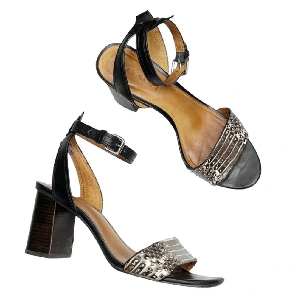 Coach Paige Leather and Black and White Snake Block Heel Sandals Size 5
